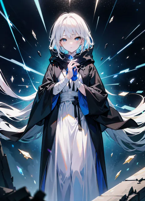 （tmasterpiece,best qualtiy,style of anime,Sense of atmosphere，higher details，CG Rendering，standing painting，Ray traching，sci-fy)(white color hair,Pure white eyes（with light glowing）,Wearing a black cloak and black robe,Inside, The lining was a dark blue ga...