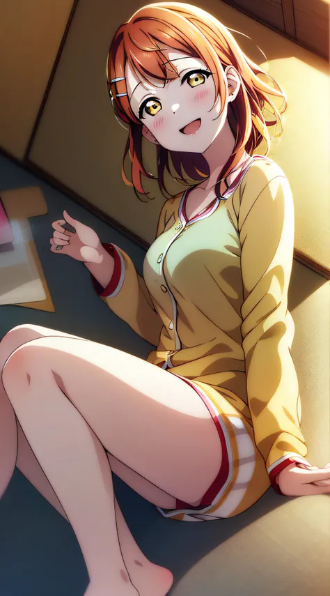 high quality, best quality, masterpiece,, ayumu uehara, 1girl, Anime-style color grading, bushiroad studio coloring style, yellow eyes, medium hair, night day, pajamas, smile, sleeping, HD, 4k, high quality, chatting with viewer, holding viewer hands