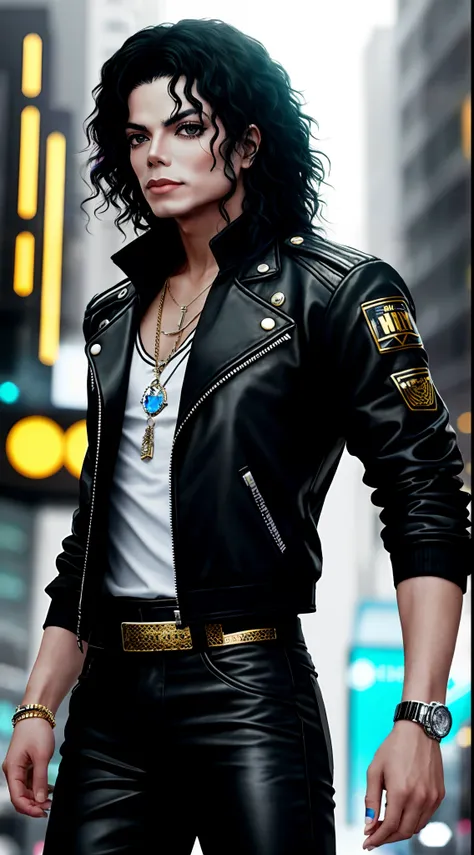 una foto hyper realista de un Michael Jackson, fondo, estilo Cyberpunk 2077, banda de oro cruzando su pecho