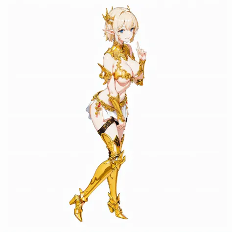 ​masterpiece、top-quality、ighly detailed、hight resolution、１６ｋ、fullnude、Boob proportions、golden armour、Very thin skirt、Full body like、Very white skin、Beautiful fingers、Anime girl with very big breasts posing naked、Perfect Style、elvish、no-bra、Blonde blue-eyed...