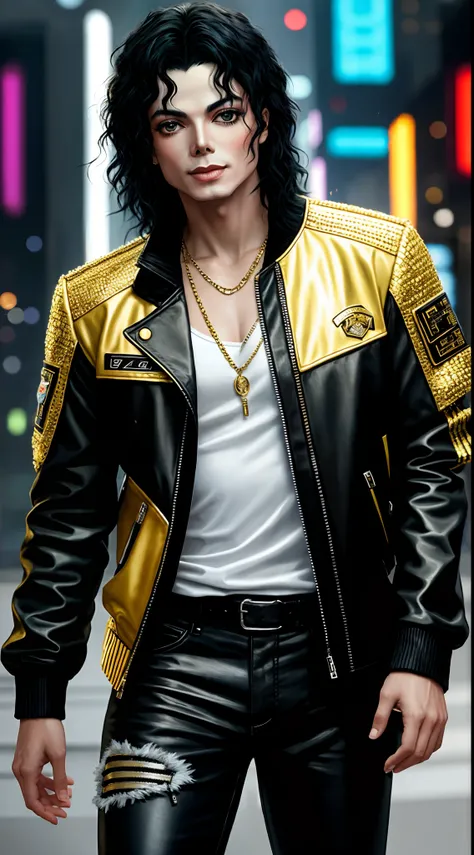 a painting of a Michael Jackson, background, style Cyberpunk 2077, band of gold round his breasts