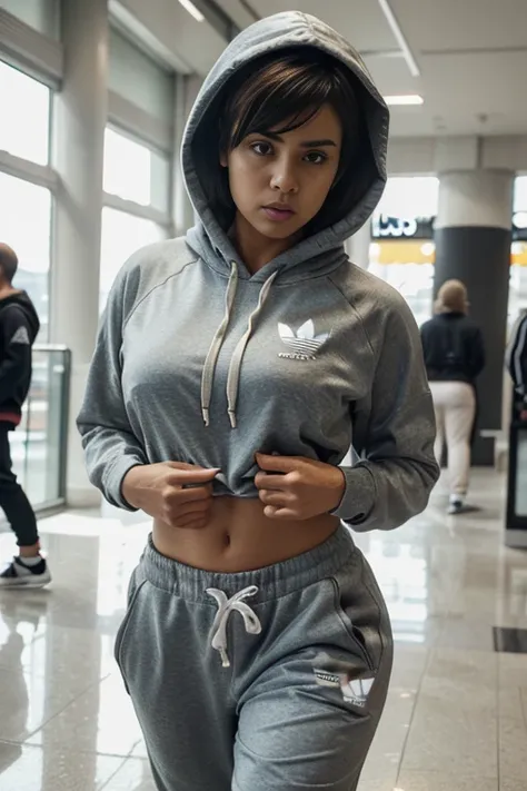 photo of a busty woman wearing an adidas tracksuit walking in a mall, (pixie cut), expressive face, thick chick, view from the front, (wearing an adidas track suit), (wearing an adidas hoodie), (wearing adidas sweat pants), (distraught facial expression), ...