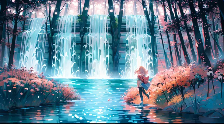 (((Forest creek)))，((Colorful)),amarelo，Red, white, pink, green，beautiful scence,Stunning landscape paintings,colorized pencil,storybook illustrations,Colorful,The beautiful,Saturated colors,clean color,Perfectcomposition,The river is gurgling,haruhi,Small...