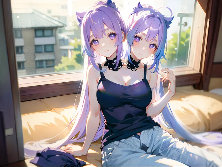 (masterpiece, best quality), best resolution, (2heads:1.5), 1girl, kokomi character, bored, long white hair, one head blue hair, other head purple hair, purple eyes, eyes halfway closed, black tank top, white polka dot long pants, sitting beside a bedroom ...