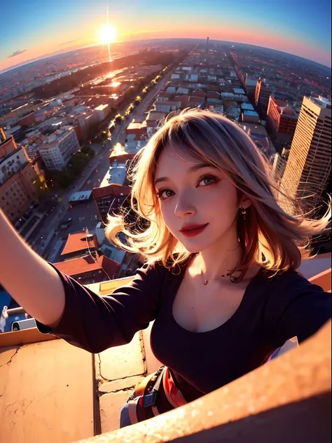 1 menina punk, Fisheye, Selfie, vento, cabelos muito curtos, messy hair, Sunset, Cityscape, (aesthetics and atmosphere:1.2),sorridente, piercing no nariz, piercing na sobrancelha, Tatuagens