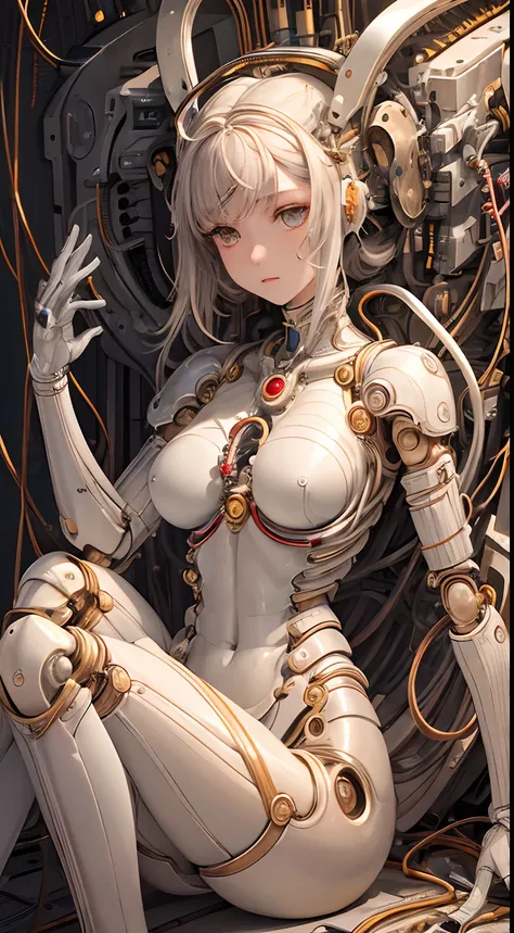 (((masterpiece))), (((best quality))), ((ultra-detailed)), (highly detailed CG illustration), ((an extremely delicate and beautiful)),(cute delicate face),cinematic light,((1mechanical girl)),solo,full body,(machine made joints:1.4),((machanical limbs)),(b...