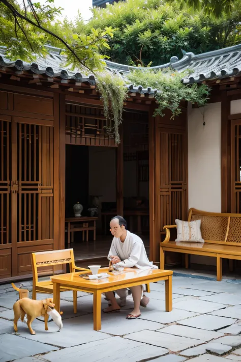 ：Li Fu sits in the courtyard of his house in the typical Song Dynasty style of decoration，A wrinkled forehead and a tightly knit brow reveal inner anxiety and confusion。
There is a big locust tree in the courtyard, and there is a big yellow dog and the usu...