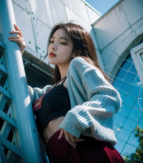 The long-haired woman leaned against the railing，With his eyes closed, bae suzy, On a sunny day, krystal, portrait jisoo blackpink, hot with shining sun, girl wears a red dress, shot at golden hour, Wearing a red cheongsam, Portrait shooting, photoshoot, A...