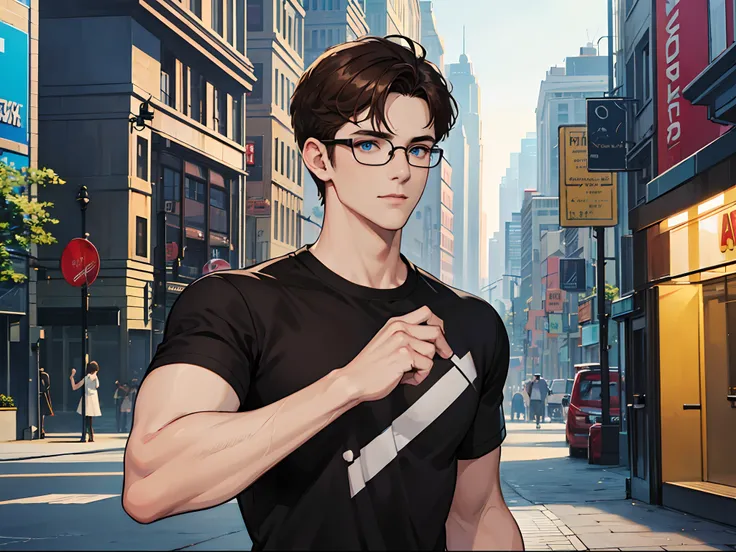 A man in a black shirt, 27years old, With blue eyes, Round glasses, Brown hair, Short hair, cheerfulness, Upper body, In the city, In comic style.