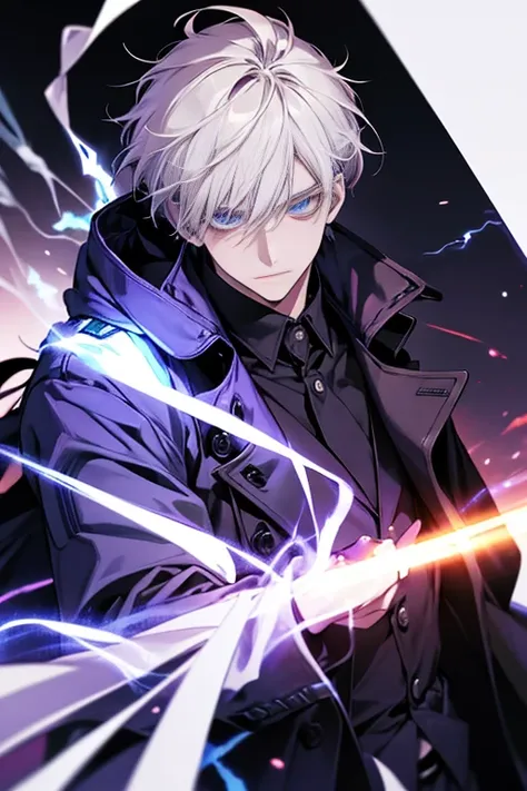 1 20-year-old boy, male people，Aura, bilibili,  Nero_Background, Blue_Eyes, Blue_Fire, Blurry, cigarettes, wind coat, krystal, Electricity, energy, blazing, _Bland_Eyes, Holding, Holding_cigarettes, Lightning, Long_Sleeves, up looking_disturb_peeping at th...