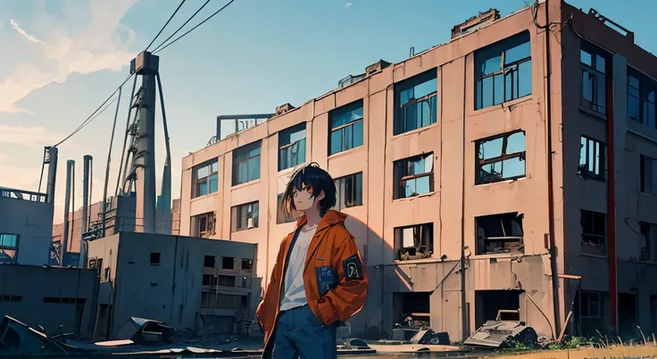 anime scener、云、during daytime、blue open sky、(abandoned factory:1.5)、factories、buliding、chimney、(One guy)、A dark-haired、(Orange Denim Jacket：1.4)、(Blue jeans：1.4)、Facing this way、foot out of frame