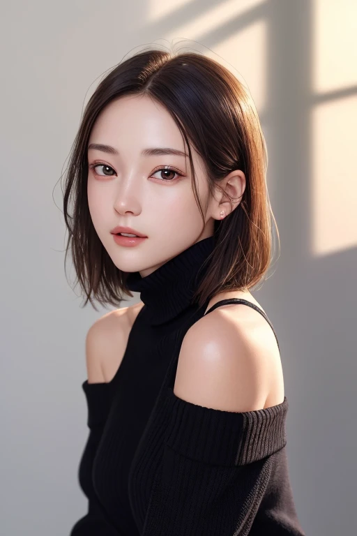 超A high resolution,masutepiece,Best Quality,
extremely delicate face,Detailed eyes,very intricate,perfect glossy shiny skins,Perfect Lighting,Detailed Lighting,Dramatic shadows,Ray tracing,
1girll,full body Esbian,Black sweater,　turtle neck、off shoulders、v...