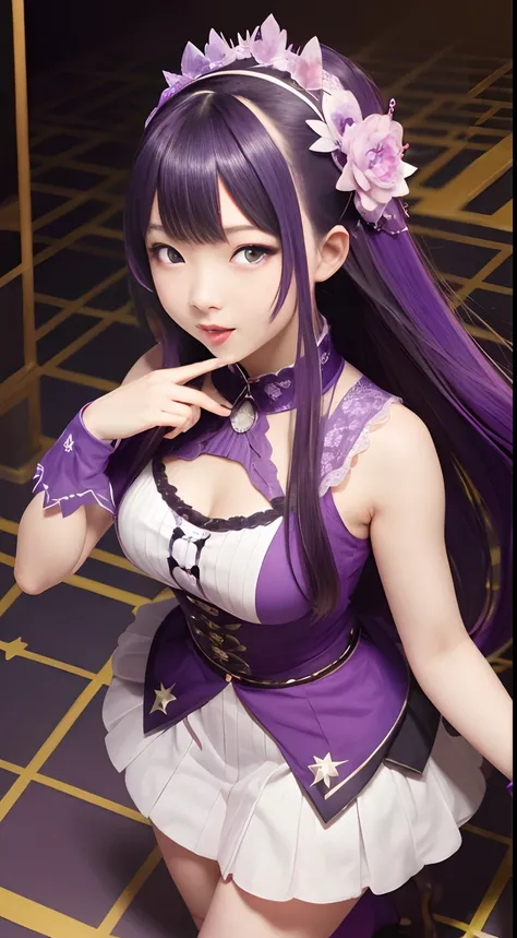 Hoshino Ai, gloves, Tongue sticking out, tongue, Long hair, Star (symbol), Watch Viewer, (Purple hair: 1.2), Purple eyes, Upper body, Hair Ornament, frilld, PINK SHIRT, Smile, Sleeveless, Shirt, Idol, symbol-shaped pupils, Hands raised, Bangs, One side up,...