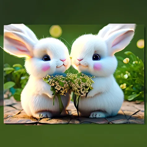 Rabbits flowers art drawings