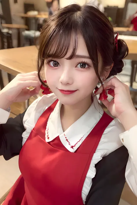 ((best quality, 8K, masterpiece)), ultra detailed, sharp focus, 1 cute girl, ((red apron:1.4)), (updo:1.4), (simple collared shirts:1.4), highly detailed face and skin texture, ((detailed eyes)), ((beautiful black eyes:1.2)), (smile:1.15), (closed mouth), ...