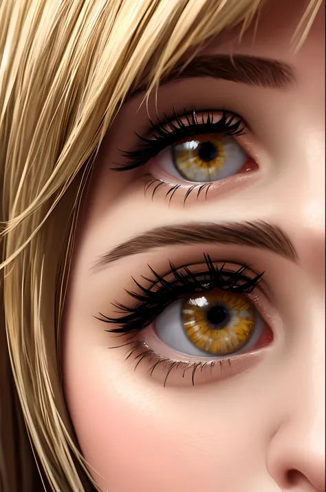 A  girl, blonde woman, brown eye, short stature, Cheeks, large eyelashes, Nose Piercing