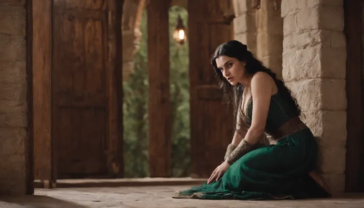 young medieval gypsy woman with black hair and green eyes kneels on the floor beside a wooden door with a slot in it, gothic, sense of unease, mysterious, gloomy castle tower, cinematic, cinematic scene from film, 8k, cinematic in the style of Dion Beebe