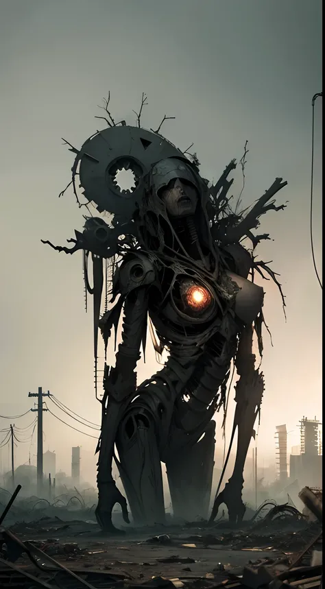 (best quality,highres,ultra-detailed:1.2),female robot, mangled and torn body, damaged and rusty limbs, missing parts, exposed wiring,intense pain and sorrow,despair in her eyes, weathered and worn exterior,scattered garbage,rubbish dump,decaying wreckage,...