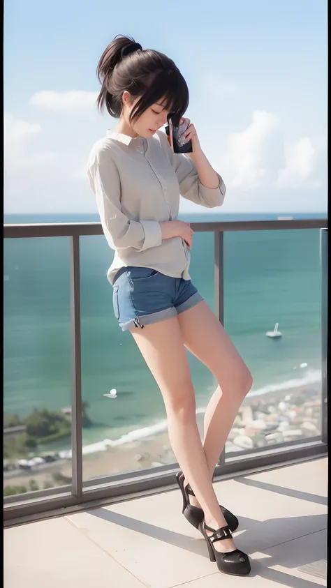 a woman standing on a balcony with a camera and a cell phone, in style of makoto shinkai, style of makoto shinkai, makoto shinkai style, makoto shinkai art style, makoto shinkai. high detail, makoto shinkai!!, makoto shinkai!, ( ( makoto shinkai ) )