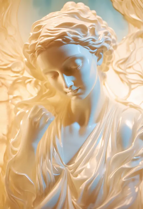 Religious art, a woman in a gradual translucent melt dress in tears, neoclassical sculpture, Richard Phillips style, Oliver Waite style, laser effects, pyrography, close-up