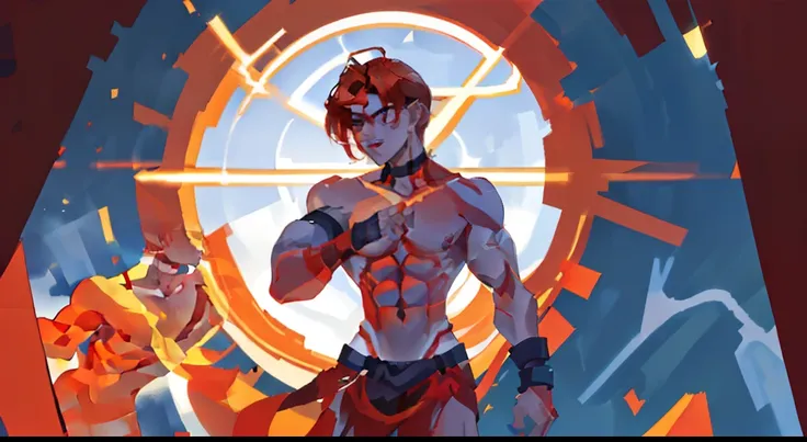 masterpiece, 2d illustration, naked male, solo, very muscular chest, Small boobs, perky nipples, wearing a choker, bright red hair, bright red background, light abs, slim waist, facing the viewer while standing at an angle, facing right, idle posing, white...