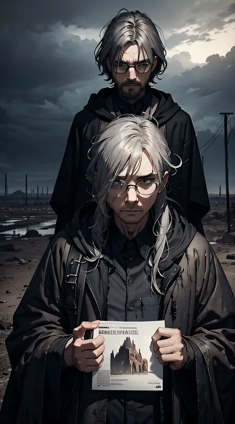 Masterpiece, dystopian scientist, filthy robe, glasses, gray hair, lostness, post-apocalyptic desert landscape, dark sky, gloomy sky, black overcast clouds