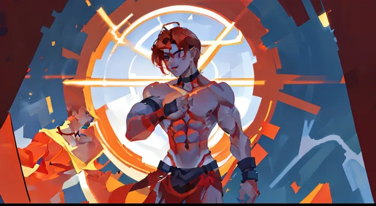 masterpiece, 2d illustration, naked male, solo, very muscular chest, Small boobs, perky nipples, wearing a choker, bright red hair, bright red background, light abs, slim waist, facing the viewer while standing at an angle, facing right, idle posing, white...