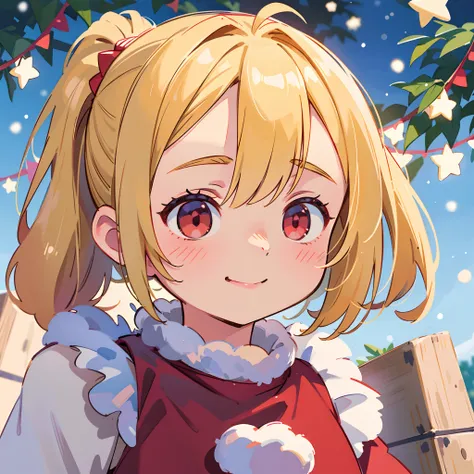 18 year old girl, Wearing Santa costumes、Blonde ponytail、Ahoge、big round red eyes、A slight smil、Laugh、small tits、Realistic painting in every detail, Christmas Outdoors、delicate detail、facial close-up