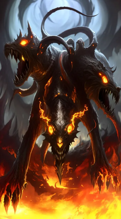 a close up of a demonic creature with fire coming out of it, hellhounds, cerberus, diablo digital concept art, diablo concept art, fire demon, demonic creature, demonic monster, the hydra from path of exile, deathwing, balrog concept art, fenrir, balrog, o...