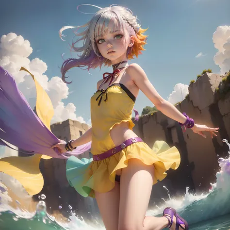 1.5),(1 girl),(Dynamic Pose),(multicolored hair+Silver hair:1.3+Red hair:1.2+Purple hair+Yellow hair:1.3+Green hair:1.3),(Blue eyes),(Neck ribbon),(floating),(cloud),(Too many drops of water),(Twilight),(watercolor paiting),(Wide Shot),anklets,sandal,