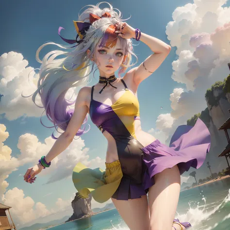 1.5),(1 girl),(Dynamic Pose),(multicolored hair+Silver hair:1.3+Red hair:1.2+Purple hair+Yellow hair:1.3+Green hair:1.3),(Blue eyes),(Neck ribbon),(floating),(cloud),(Too many drops of water),(Twilight),(watercolor paiting),(Wide Shot),anklets,sandal,