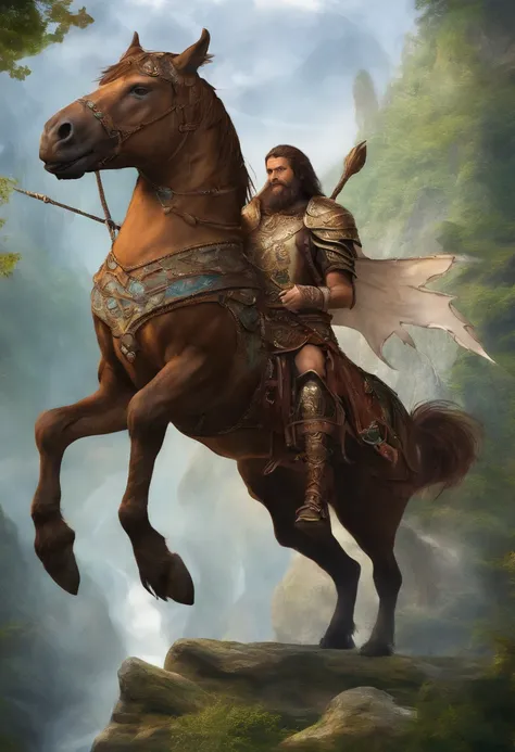 Masterpiece, Best quality, a portrait of a man, centaur, Extremely detailed, view the viewer, Grizzly, Leather armor, animal hide, cavalos, hooves, Hide the armor, wears, DruidMagicAI, Nature, full bodyesbian, standing, Tall