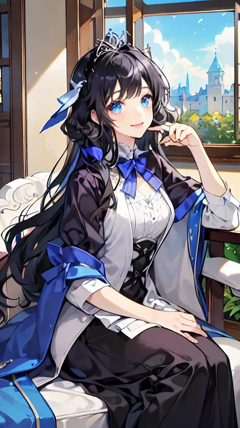 (masterpiece) Princess of Arcangela who has a straight hair but curled ends, and middle and straight bangs, her eyes is shiny black and her hair is black shiny shimmering splendid hair. smile cutely and her dress is lolita dress, shes sit on princess chair...