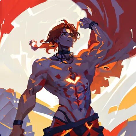 masterpiece, 2d illustration, (naked) male, solo, very muscular chest, (medium boobs:1.3), perky puffy nipples, wearing a choker, wearing a dog collar, bright red hair, bright red background, light abs, slim waist, facing the viewer while standing at an an...