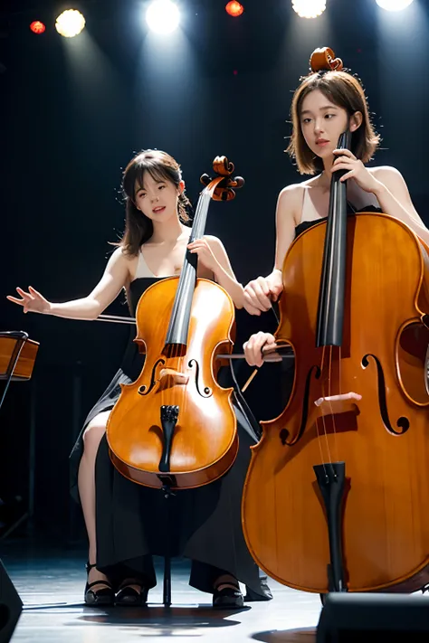 4 cello girls play on stage in Pixar style