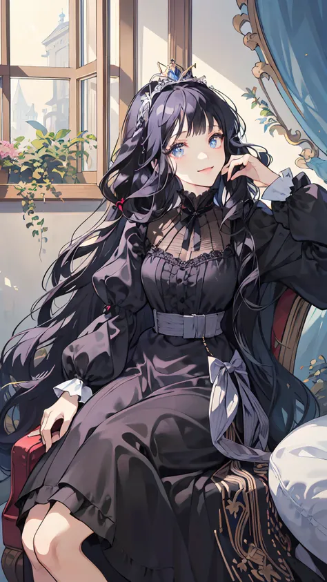 (masterpiece) Princess of Arcangela who has a straight hair but curled ends, and middle and straight bangs, her eyes is shiny black and her hair is black shiny shimmering splendid hair. smile cutely and her dress is lolita dress, shes sit on princess chair...