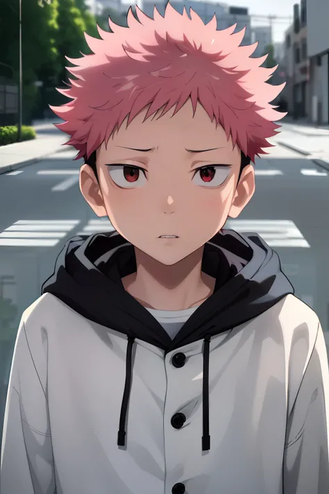 white liquid on your face，Masterpiece, Best quality, High quality, 1boys, Solo, Male focus, (Board Pass_Yuuji)，Pink hair，the street，hang out，grey sky，Indifferent expression，Godless expression，expressionless eyes,Sleepy，younge boy，(7 years old)，(Young)