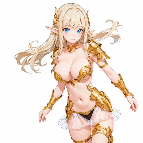 ​masterpiece、top-quality、ighly detailed、hight resolution、１６ｋ、fullnude、Boob proportions、golden armour、Very thin skirt、Full body like、Very white skin、Beautiful fingers、Anime girl with very big breasts posing naked、Perfect Style、elvish、no-bra、Blonde blue-eyed...