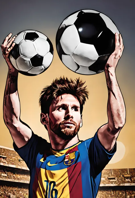 A soccer player is holding a soccer ball over his head, （Football overhead）, （Lionel Messis top ball）, Bust of Lionel Messi, American retro style, Modern times, （European and American game styles）, Yellow lights are coming from behind, close-up, cowboy sho...