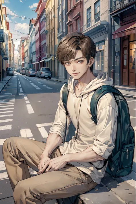 4K works))、​masterpiece、（top-quality)、((high-level image quality))、((One Manly Boy))、Slim body、((Attractive and sexy fashion))、((Mens Fashion))、((Holding a backpack and iPhone in hand))、(Detailed beautiful eyes)、In a fashionable city、Sitting on the curb an...