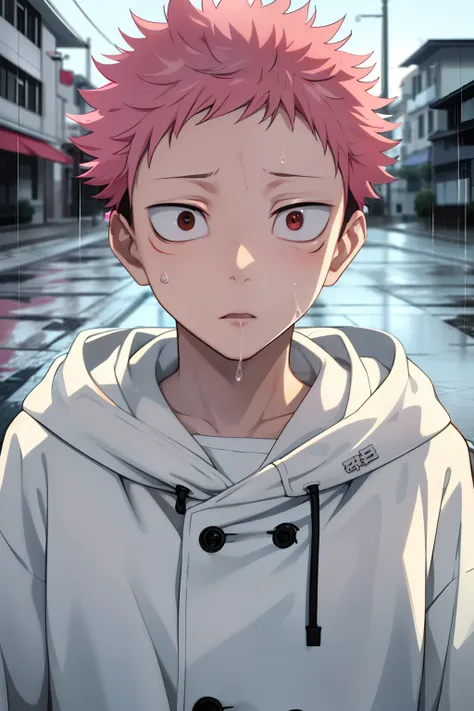 white liquid on your face，Masterpiece, Best quality, High quality, 1boys, Solo,, (Board Pass_Yuuji)，Pink hair，the street，hang out，grey sky，Indifferent expression，Godless expression，expressionless eyes,Sleepy，younge boy，(7 years old)，(Young)，Rained，Whole bo...