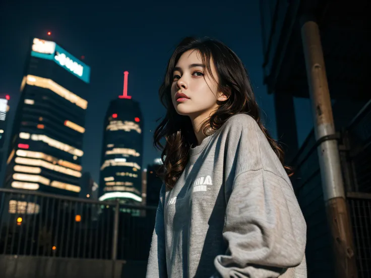 1girl, beautiful, wavy hair, almond eyes, no make up, grey sweatshirt, oversize_shirt, in front of fence, night city, cyberpunk ...