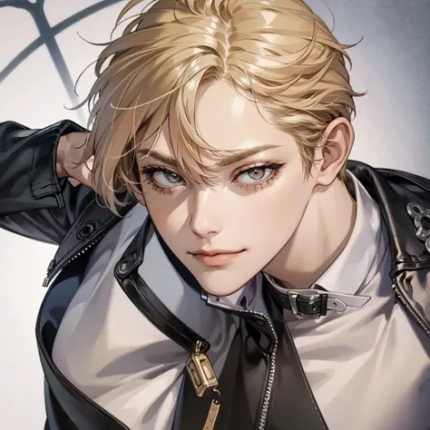 1 woman, short blonde hair, masculine, 20 years old, smirk, shades, Facial focus, Masterpiece, high quality, best quality, HD, realistic, perfect lighting, detailed face, detailed body, Leather jacket.