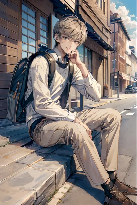 4K works))、​masterpiece、（top-quality)、((high-level image quality))、((One Manly Boy))、Slim body、((Attractive and sexy fashion))、((Mens Fashion))、((Holding a backpack and iPhone in hand))、(Detailed beautiful eyes)、In a fashionable city、Sitting on the curb an...