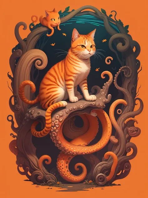 there is an orange cat with an octopus in its mouth, shaped tongue,  teths and tentacles, many suckered tentacles. cat detailed