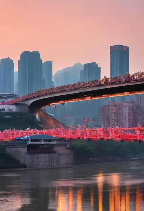 The Qianguomen Bridge in Chongqing is the perfect subject for stunning photos。The scene is set at sunset，A beautiful gradient sky of pale sky blue and pink intertwine with lilac clouds。The bridge itself is presented in the form of a silhouette，The warm sun...