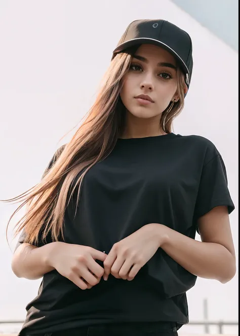 Woman in black shirt and hat standing on a skateboard, vestindo uma camiseta preta, vestindo camiseta preta, wearing black dress and hat, vestindo uma camiseta preta, mulher no streetwear, vestindo uma Camisa Preta, camiseta preta, roupas pretas, menina at...