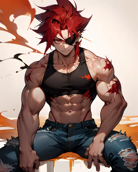 Long spikey red hair, ember eyes, eye patch, scars, cigarette, brawler, lean, ear ring, muscle build, ripped jeans, muscle shirt, anime