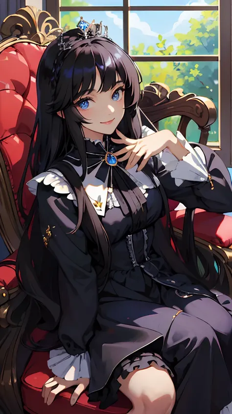 (masterpiece) Princess of Arcangela who has a straight hair but curled ends, and middle and straight bangs, her eyes is shiny black and her hair is black shiny shimmering splendid hair. smile cutely and her dress is lolita dress, shes sit on princess chair...