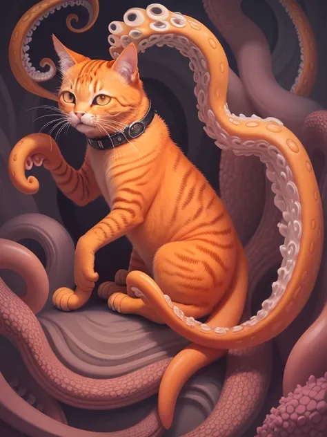 there is an orange cat with octopus tentacles in its mouth, teths and tentacles, many suckered tentacles, cat detailed